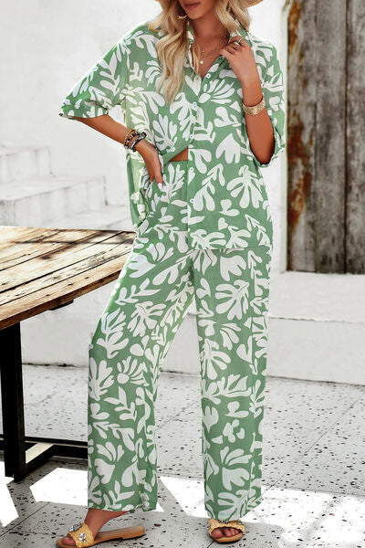 Printed Button Up Shirt and Pants Set - Body By J'ne