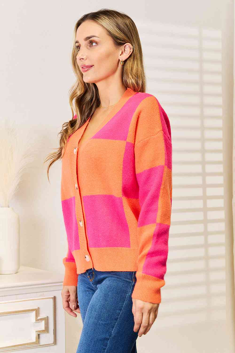 Checkered V-Neck Dropped Shoulder Cardigan - Body By J'ne