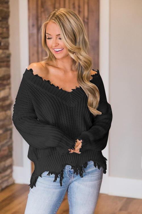 Frayed Hem Dropped Shoulder Sweater - Body By J'ne