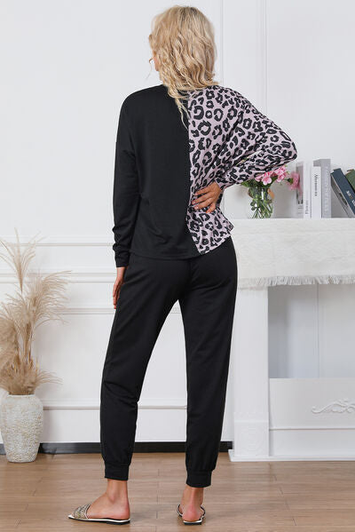 Leopard Round Neck Top and Drawstring Pants Lounge Set - Body By J'ne