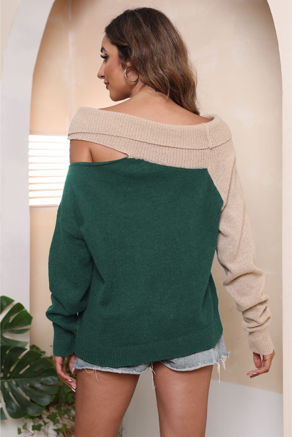 Asymmetrical Long Sleeve Two-Tone Cutout Sweater - Body By J'ne