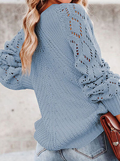 Openwork Round Neck Lantern Sleeve Sweater - Body By J'ne