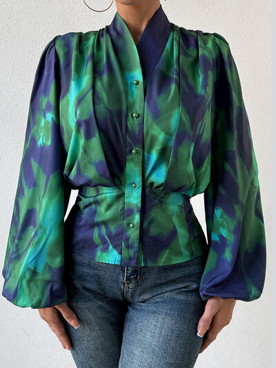 Tie-Dye Button Up Balloon Sleeve Blouse - Body By J'ne