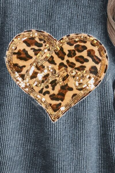 Heart Leopard Sequin Round Neck Sweatshirt - Body By J'ne