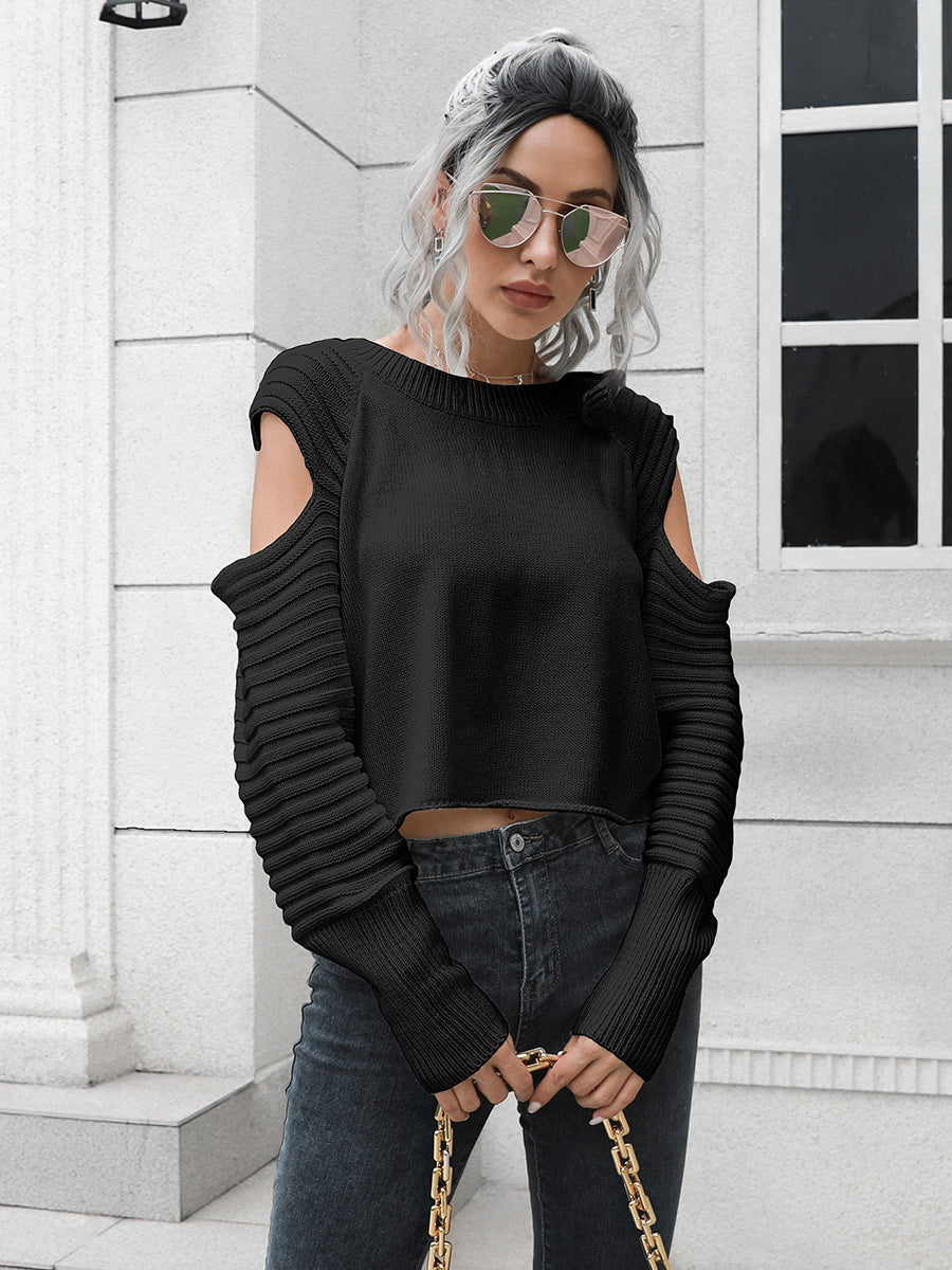Cold-Shoulder Ribbed Trim Sweater - Body By J'ne