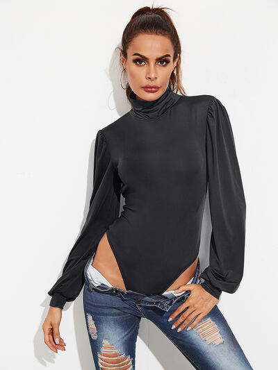 Backless Tie-Waist Turtleneck Lantern Sleeve Bodysuit - Body By J'ne