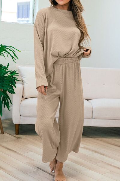 Round Neck Dropped Shoulder Top and Pants Set - Body By J'ne
