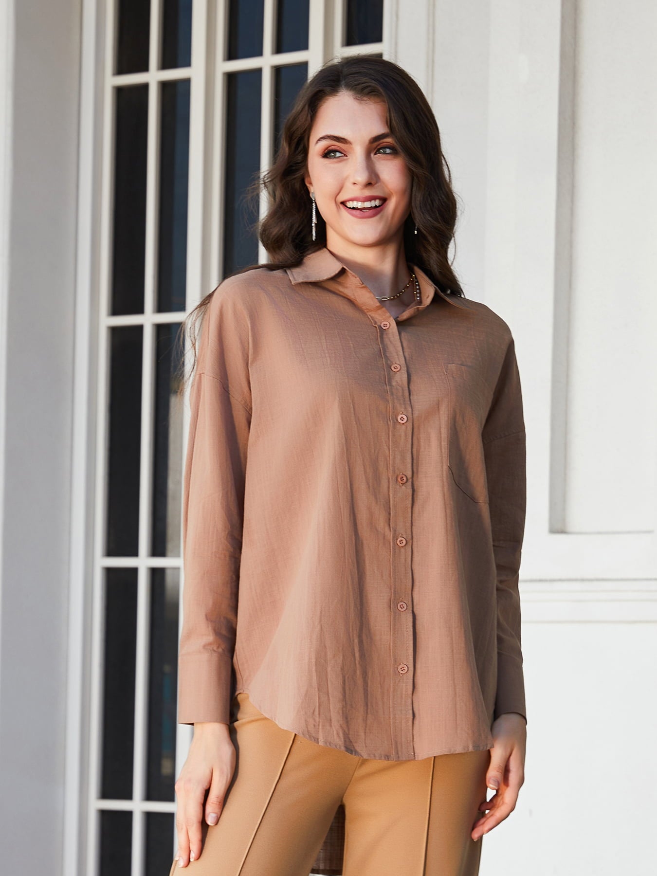 Dropped Shoulder Collared High-Low Shirt - Body By J'ne