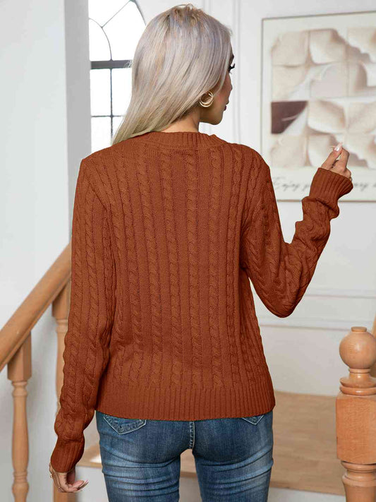 Cable-Knit Round Neck Long Sleeve Sweater - Body By J'ne