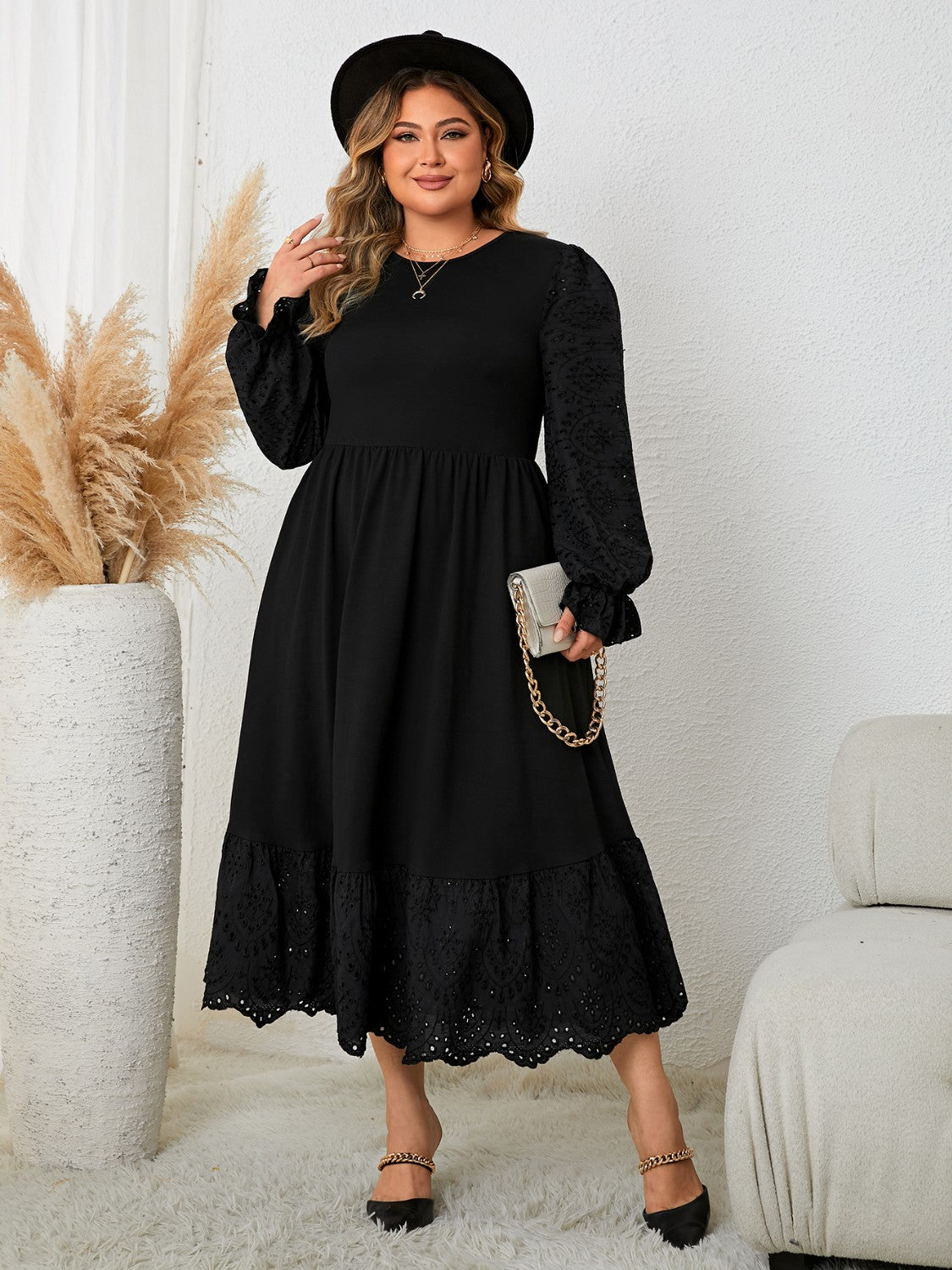 Plus Size Flounce Sleeve Lace Detail Dress - Body By J'ne