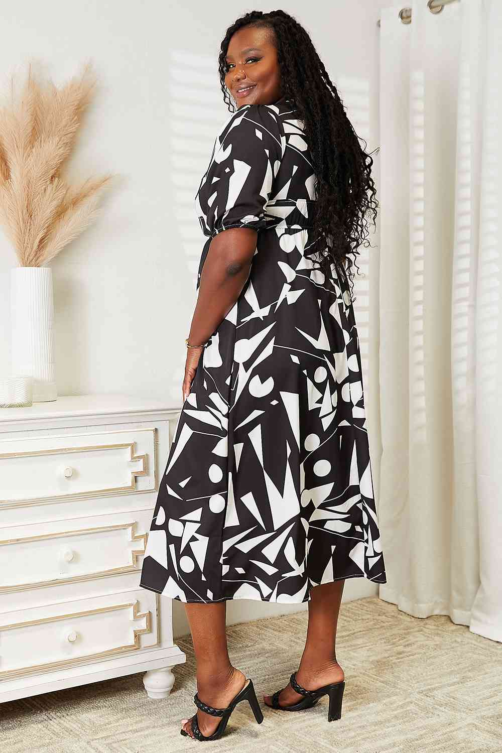 Printed Surplice Balloon Sleeve Dress - Body By J'ne