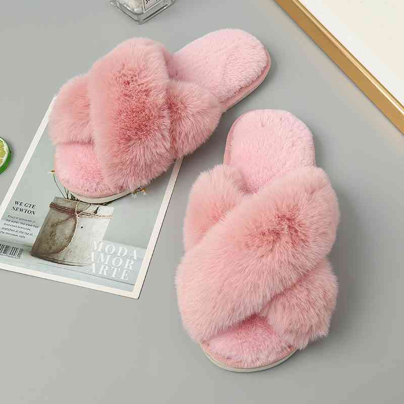 Faux Fur Crisscross Strap Slippers - Body By J'ne