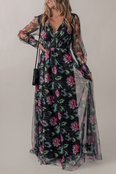 Somcked Floral V-Neck Long Sleeve Dress - Body By J'ne