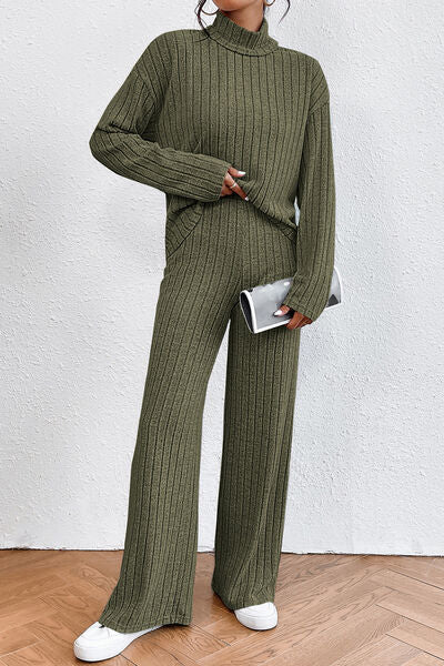 Ribbed Mock Neck Top and Pants Set - Body By J'ne