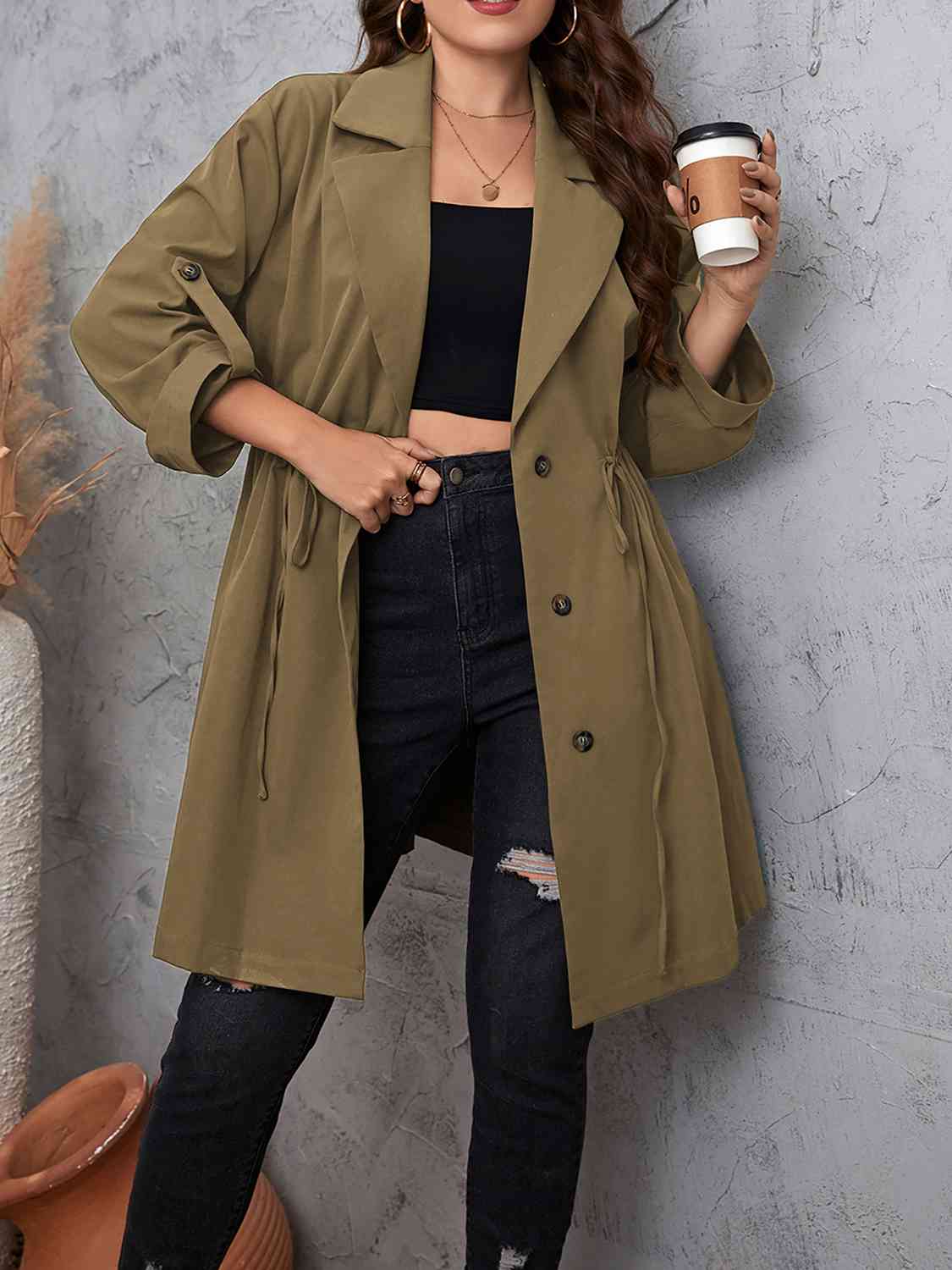 Plus Size Lapel Collar Drawstring Roll-Tab Sleeve Trench Coat - Body By J'ne