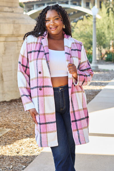 Full Size Plaid Button Up Lapel Collar Coat - Body By J'ne