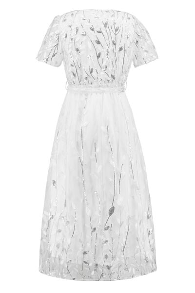 Sequin Leaf Embroidery Tie Front Short Sleeve Dress - Body By J'ne