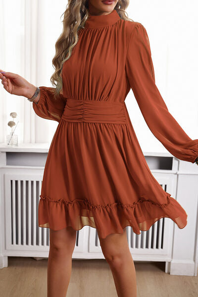 Frill Ruched Mock Neck Balloon Sleeve Dress - Body By J'ne