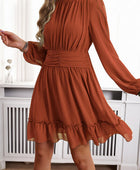 Frill Ruched Mock Neck Balloon Sleeve Dress - Body By J'ne