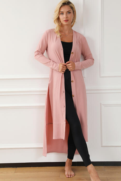 Button Up High-Low Long Sleeve Slit Cardigan - Body By J'ne