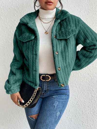 Fuzzy Button Up Collared Neck Jacket - Body By J'ne