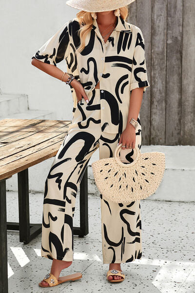 Printed Button Up Shirt and Pants Set - Body By J'ne