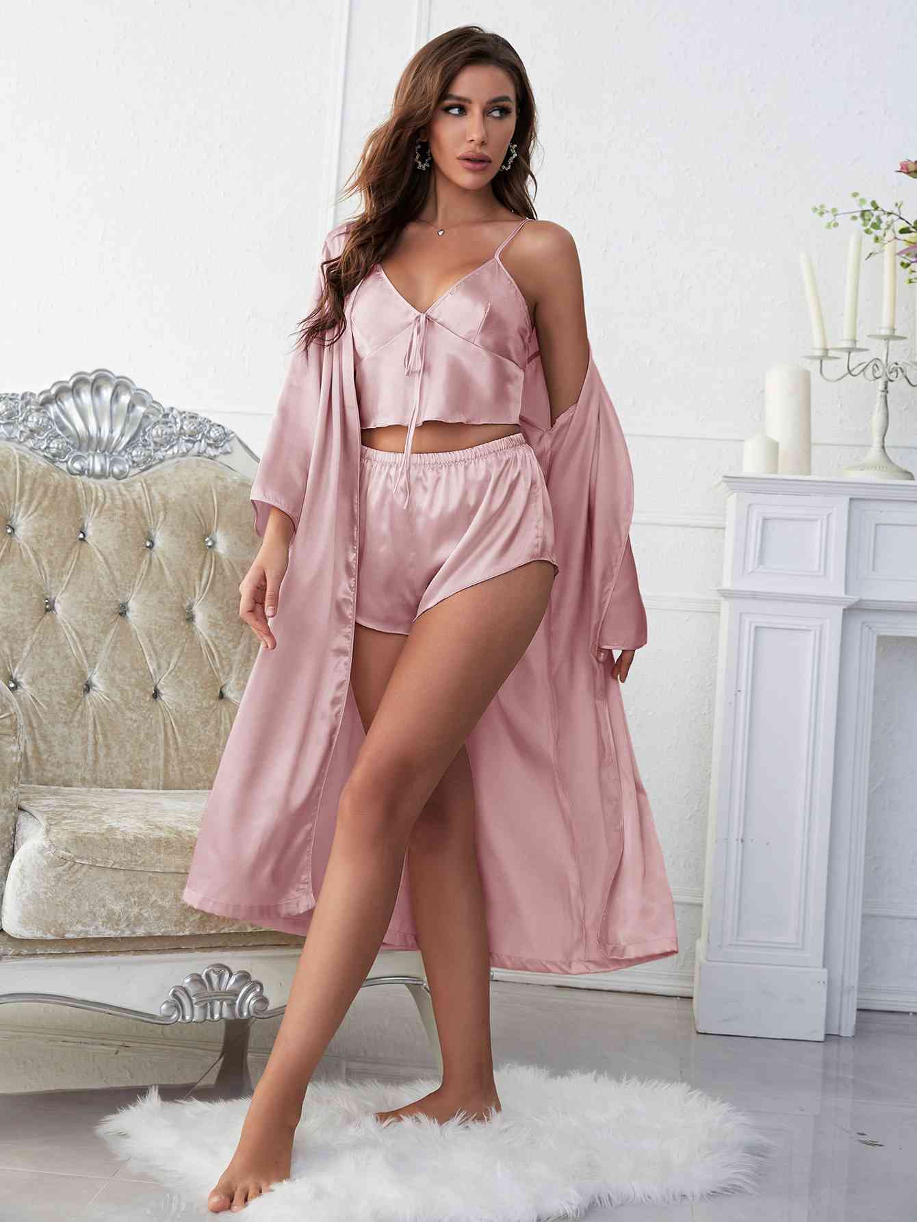 Satin V-Neck Cami, Shorts, and Belted Robe Pajama Set - Body By J'ne
