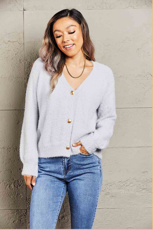 Fuzzy Long Sleeve Button Down Cardigan - Body By J'ne