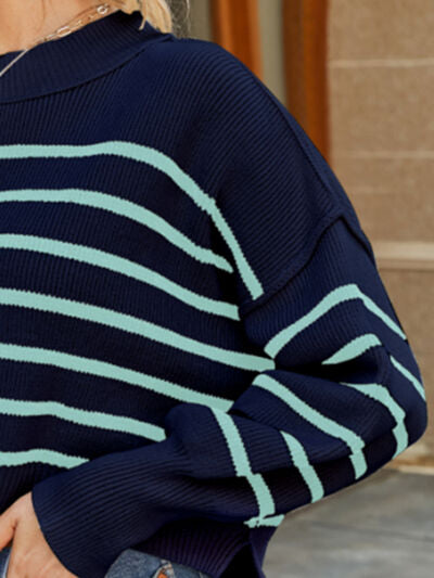 Round Neck Striped Lantern Sleeve Sweater - Body By J'ne