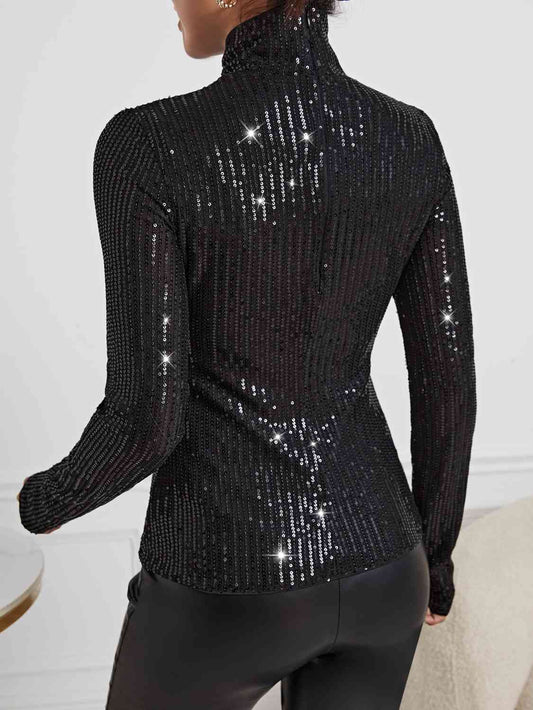 Sequin Turtleneck Long Sleeve Blouses - Body By J'ne