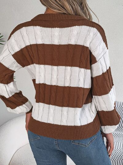 Cable-Knit Striped Long Sleeve Sweater - Body By J'ne