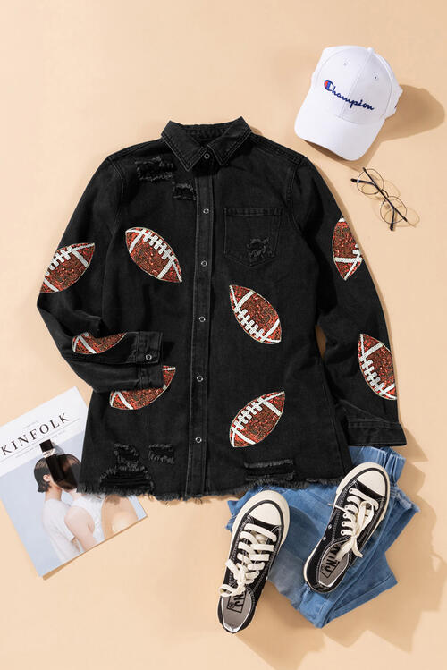 Sequin Football Patch Snap Down Distressed Jacket - Body By J'ne