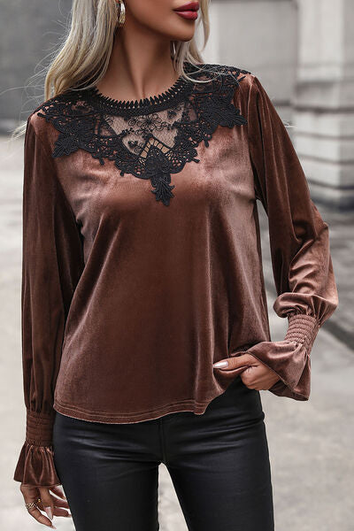 Lace Detail Round Neck Smocked Flounce Sleeve Blouse - Body By J'ne