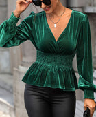 Smocked Surplice Lantern Sleeve Peplum Blouse - Body By J'ne