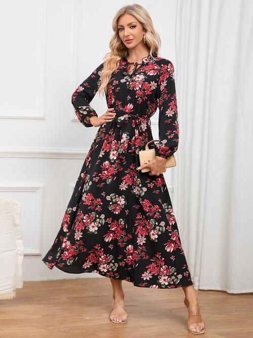 Floral Tie Front Balloon Sleeve Dress - Body By J'ne