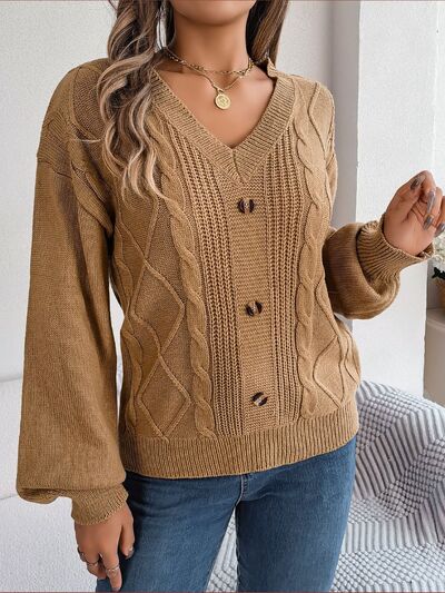 Cable-Knit Buttoned V-Neck Sweater - Body By J'ne