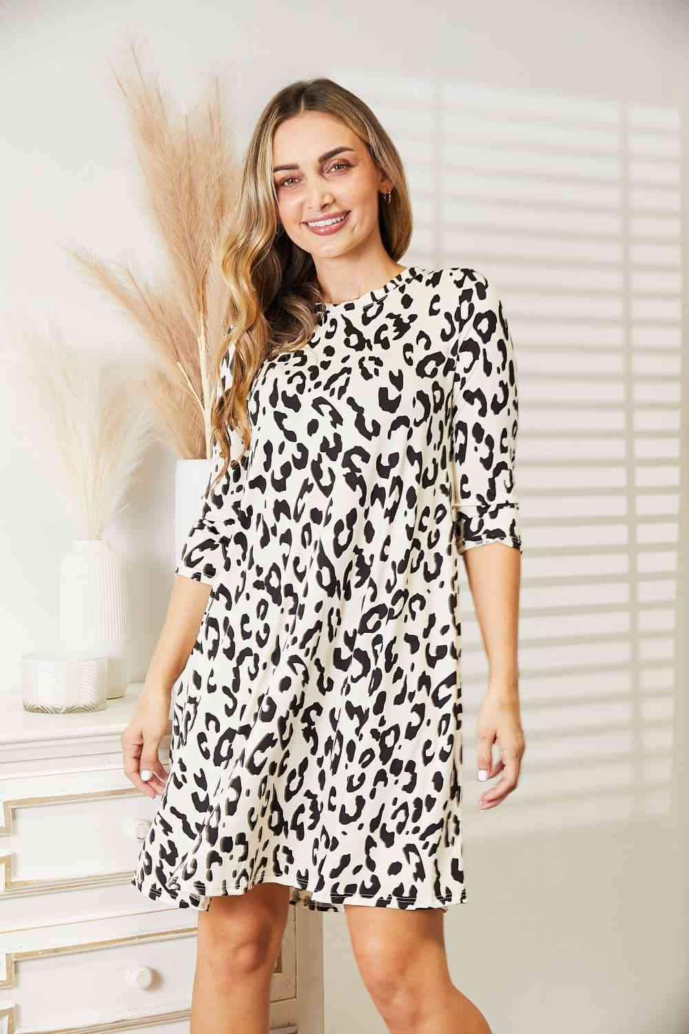 Full Size Leopard Three-Quarter Sleeve Dress with Pockets - Body By J'ne