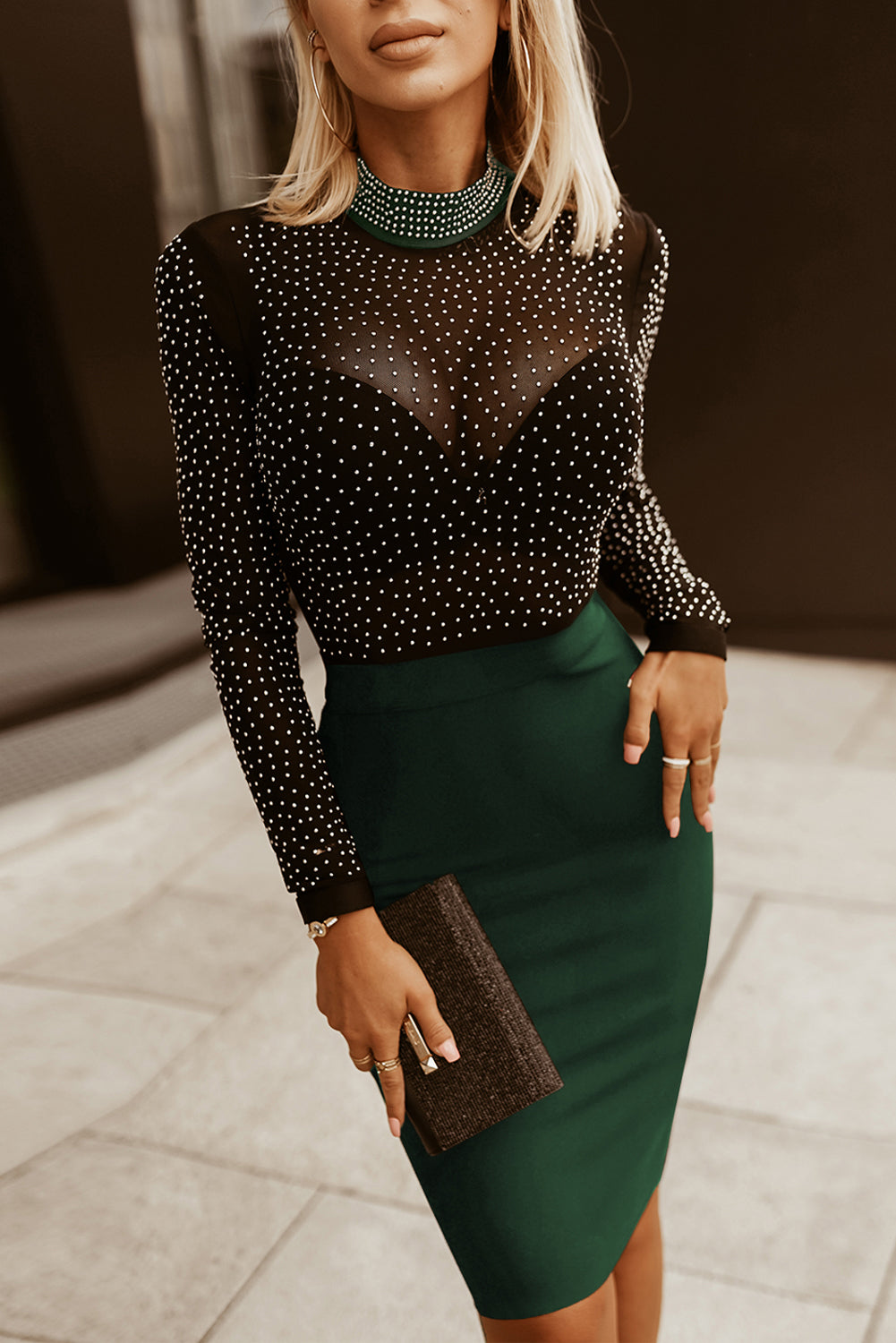 Rhinestone Mock Neck Long Sleeve Dress - Body By J'ne