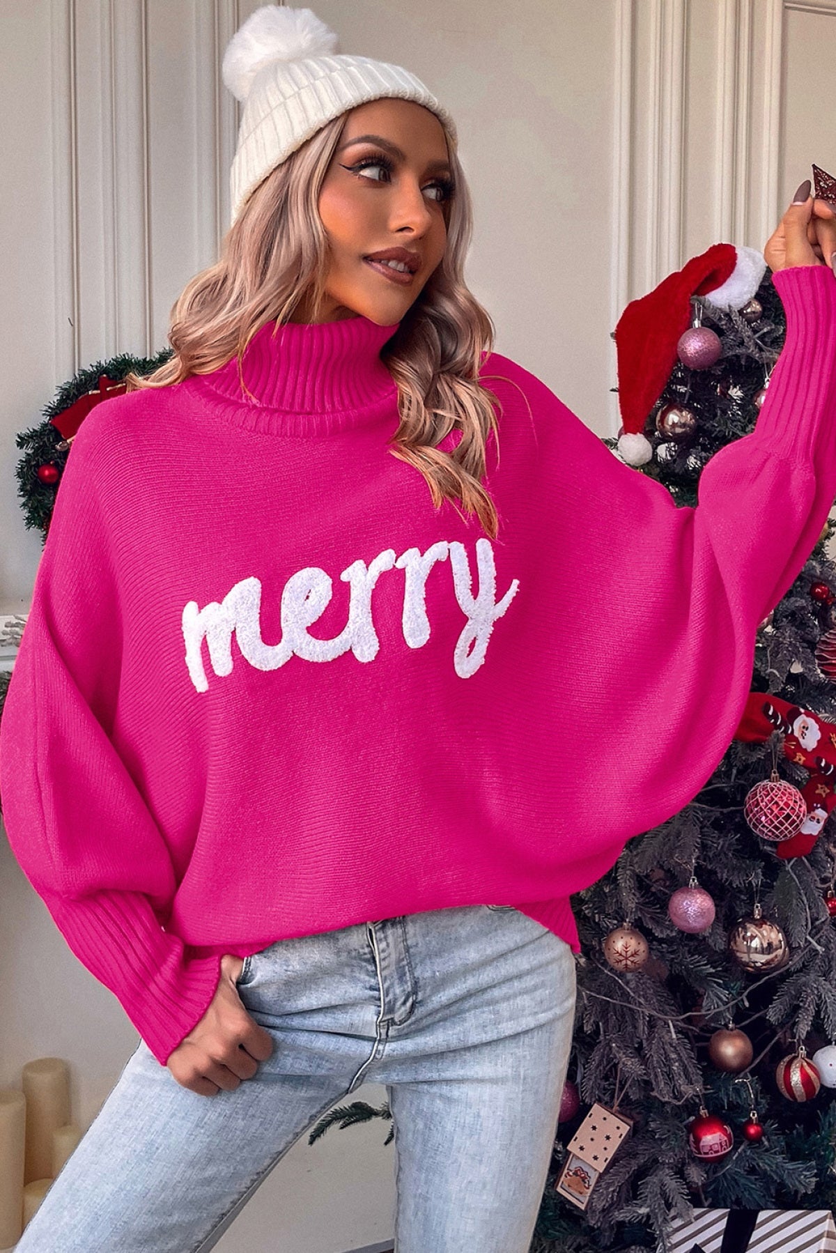 Rose Merry Letter Embroidered High Neck Sweater - Body By J'ne