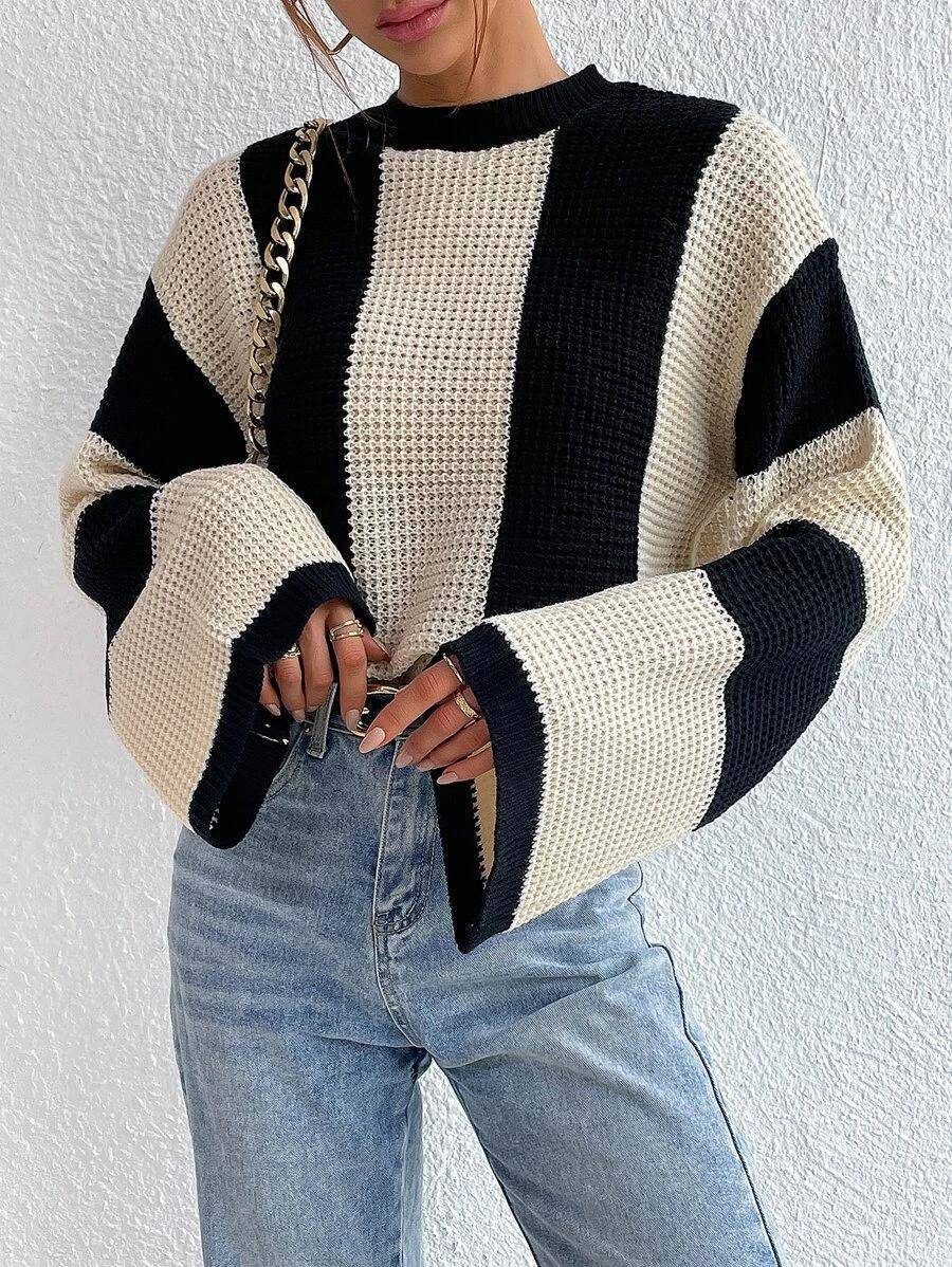 Crew Neck Waffle Drop Shoulder Knit Sweater - Body By J'ne