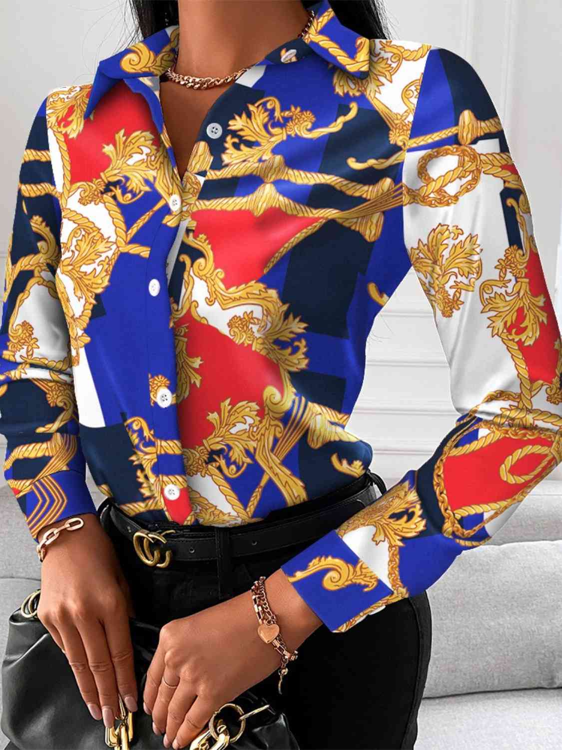 Printed Collared Neck Long Sleeve Shirt - Body By J'ne