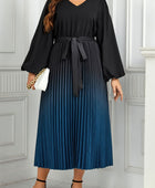 Plus Size V-Neck Long Sleeve Pleated Tie Waist Midi Dress - Body By J'ne