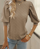 Textured Mock Neck Lantern Sleeve Blouse - Body By J'ne