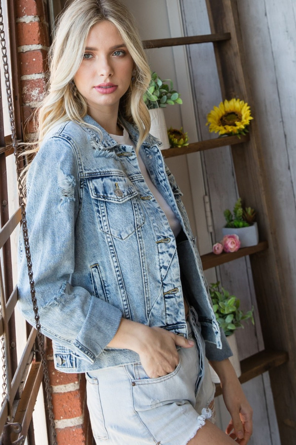 Distressed Button Up Denim Jacket - Body By J'ne