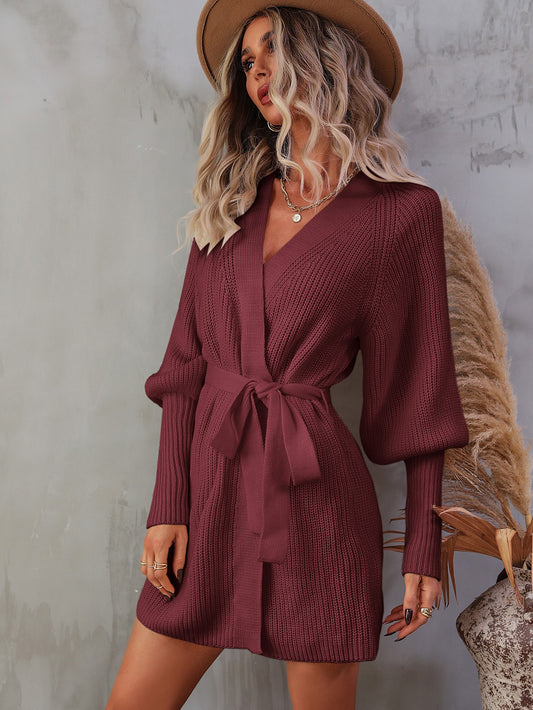 Belted Surplice Lantern Sleeve Wrap Sweater Dress - Body By J'ne