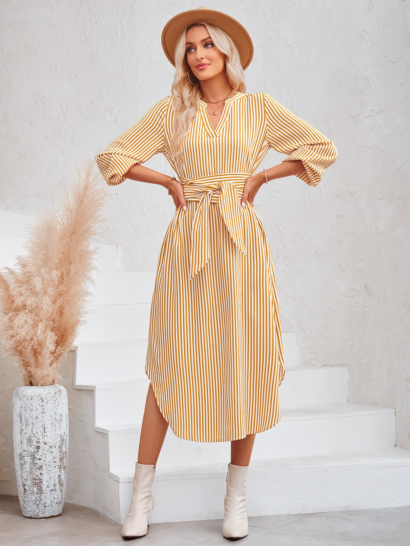 Striped Notched Neck Curved Hem Long Sleeve Dress - Body By J'ne