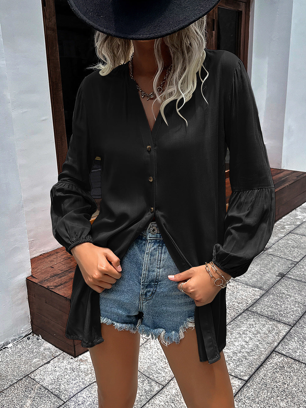 Notched Neck Balloon Sleeve Shirt - Body By J'ne