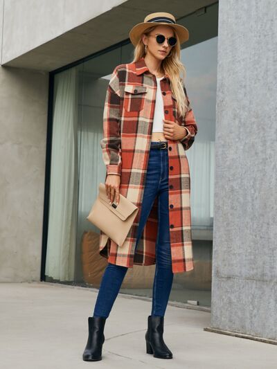 Plaid Pocketed Button Up Trench Coat - Body By J'ne