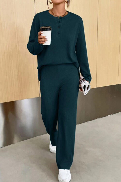 Ribbed Half Button Top and Pants Set - Body By J'ne