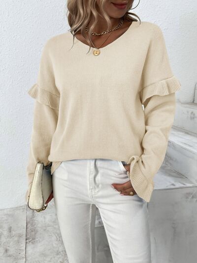 Ruffled V-Neck Dropped Shoulder Sweater - Body By J'ne